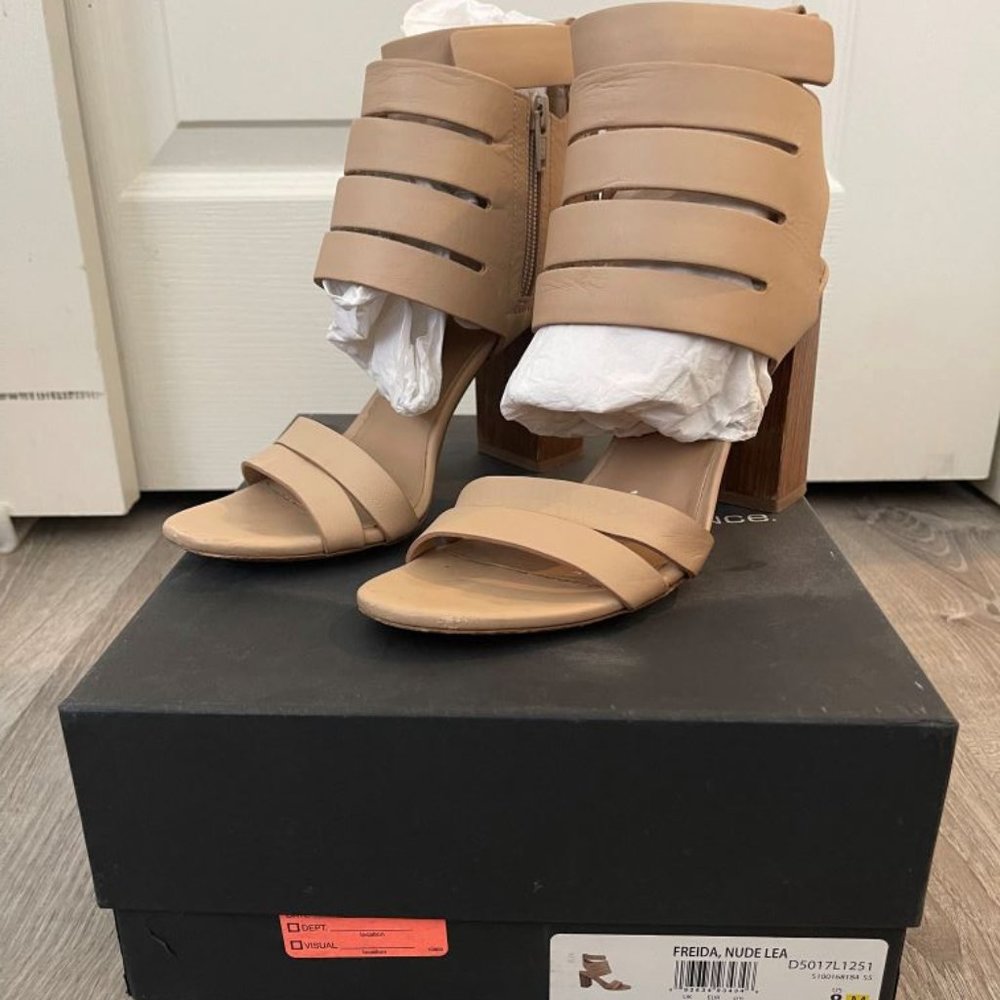 Vince Freida Multi Strap Leather Wood Block Heel Sandals 8